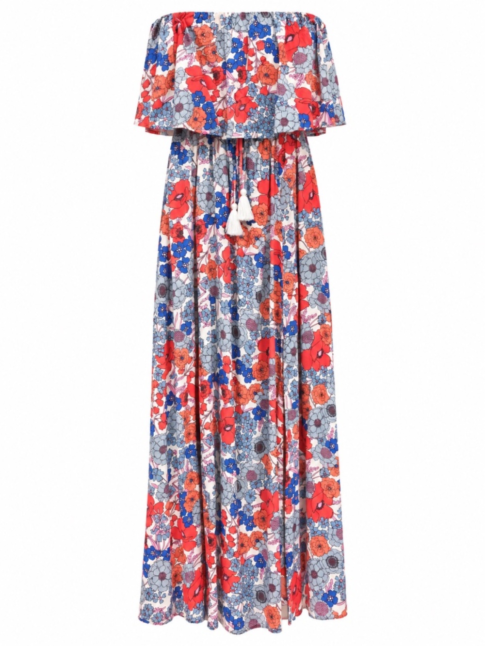 Japna Multicolor Floral Strapless Ruffle Maxi Dress Tassel Waist Side Slit Small
